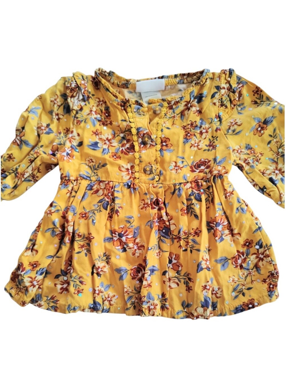 Little Lass Mustard Yellow Silver Sparkle Floral Ruffled Dress Size 18 Months